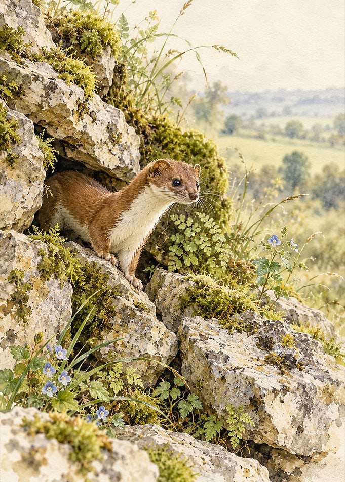 Weasel emerging from rocky den