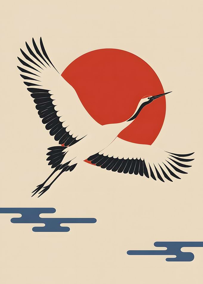 Red Crane Flying Rising Sun Japanese Art