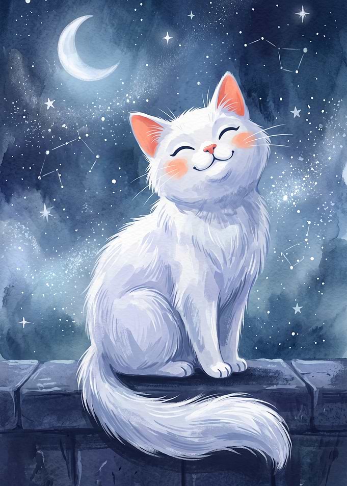 Happy White Cat Under Moonlight