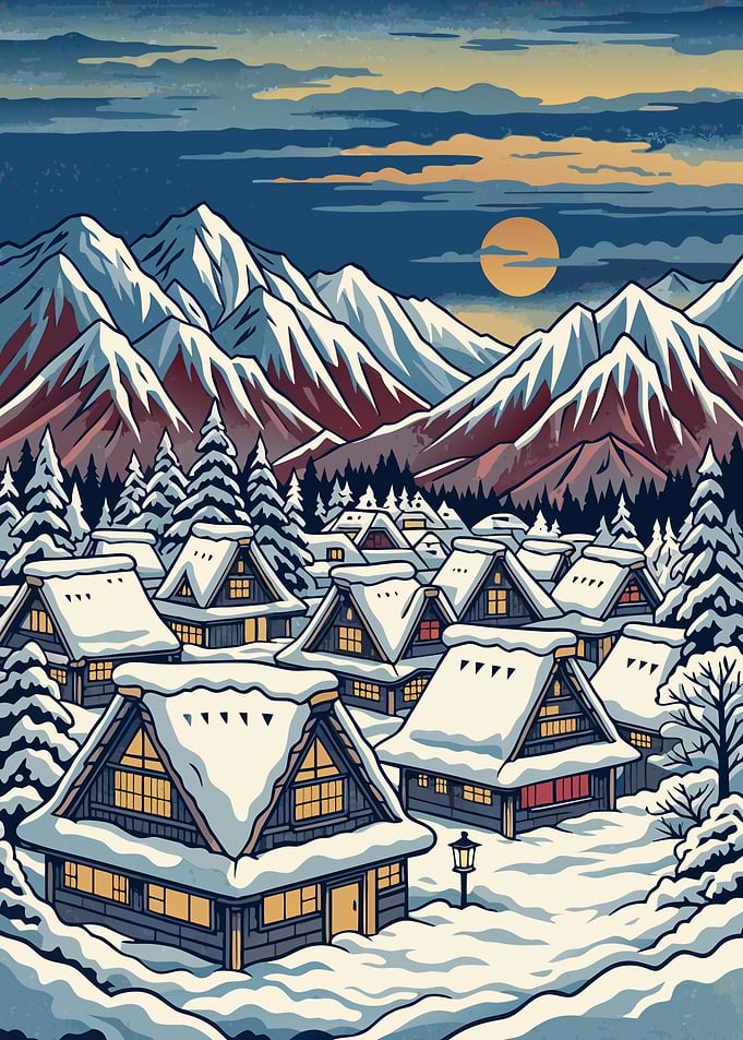 Snowbound Village – Twilight in the Japanese Alps