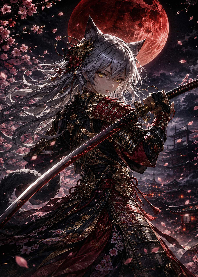 Cat-Eared Samurai Under Red Moon