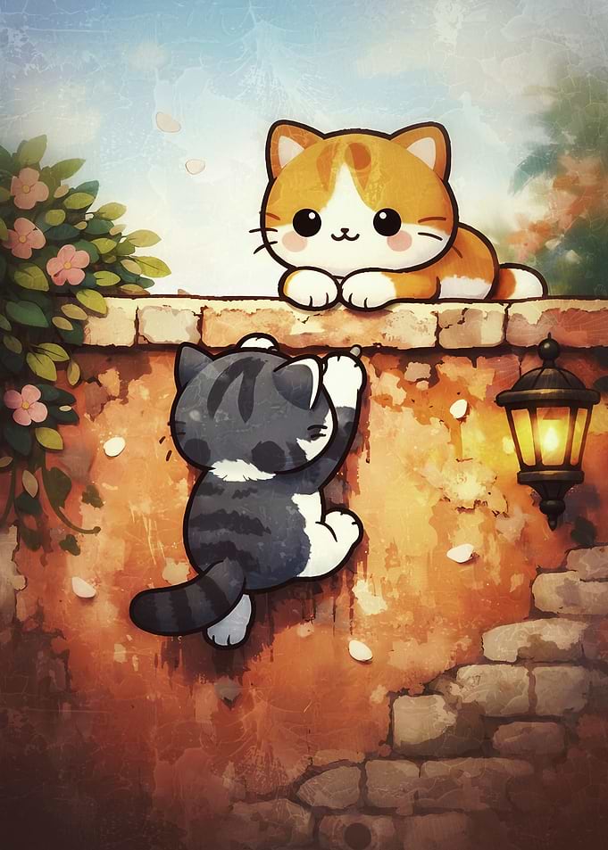 Two Cute Kittens on a Wall