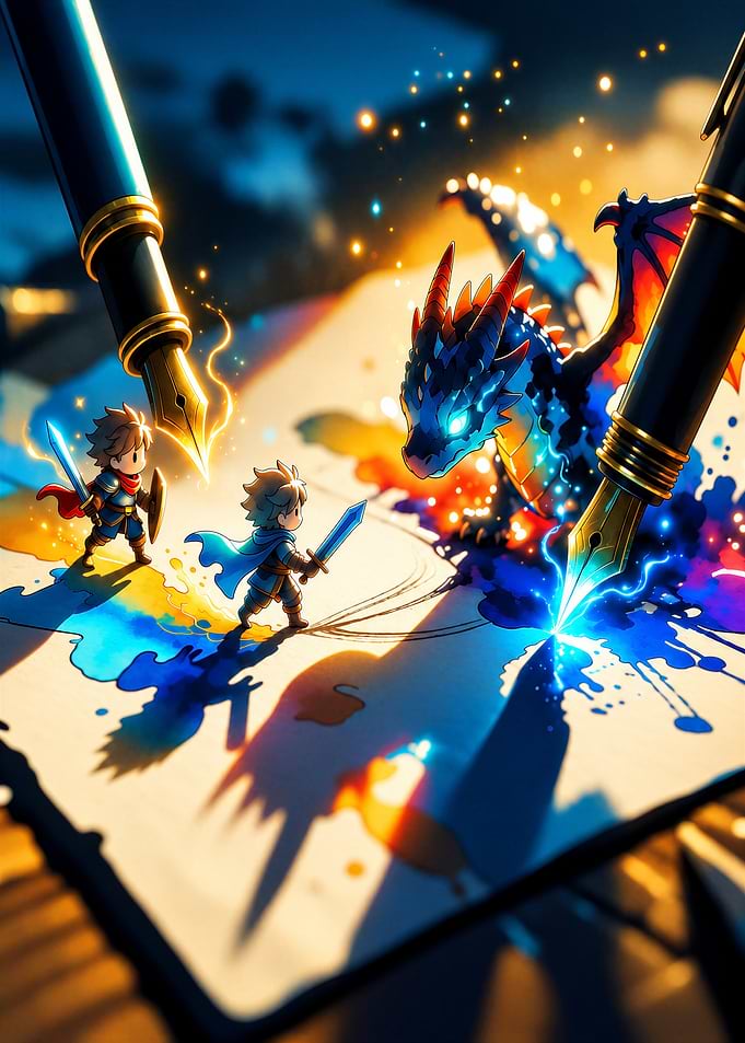 Chibi Warriors Fighting Ink Dragon
