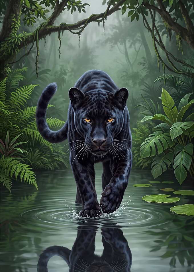 Black Panther Stalking Through Jungle Water