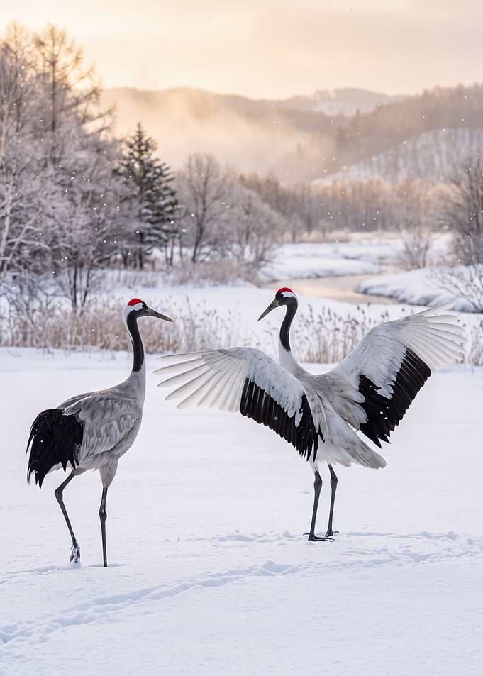 Red-Crowned Cranes Dancing in Winter