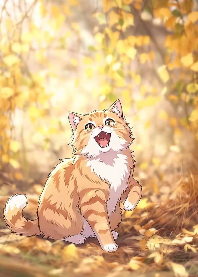 Happy Ginger Cat in Autumn Leaves