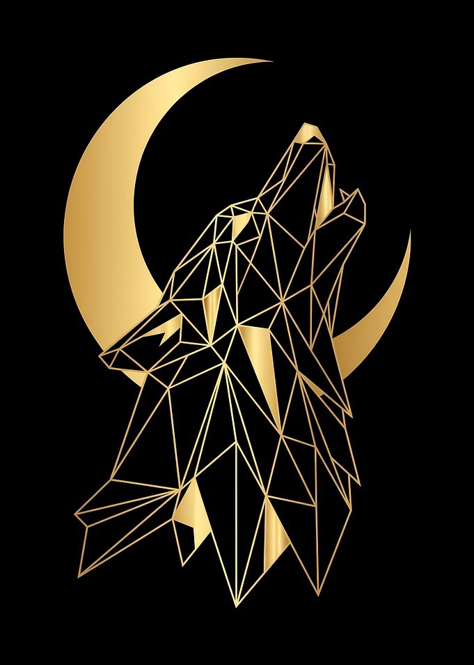 Geometric Gold Wolf Howling at Moon