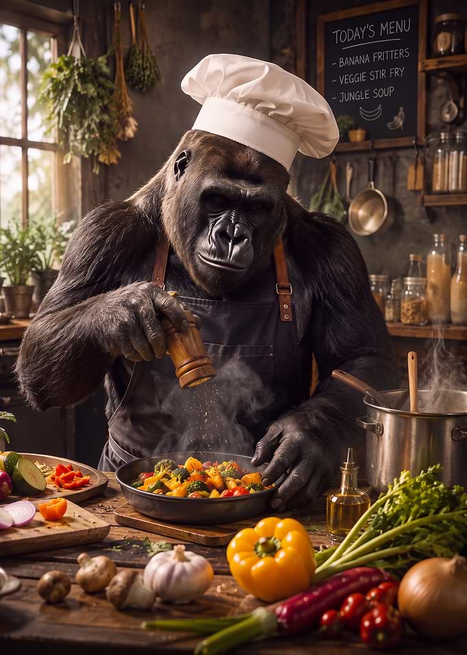 Gorilla Chef Cooking in Rustic Kitchen