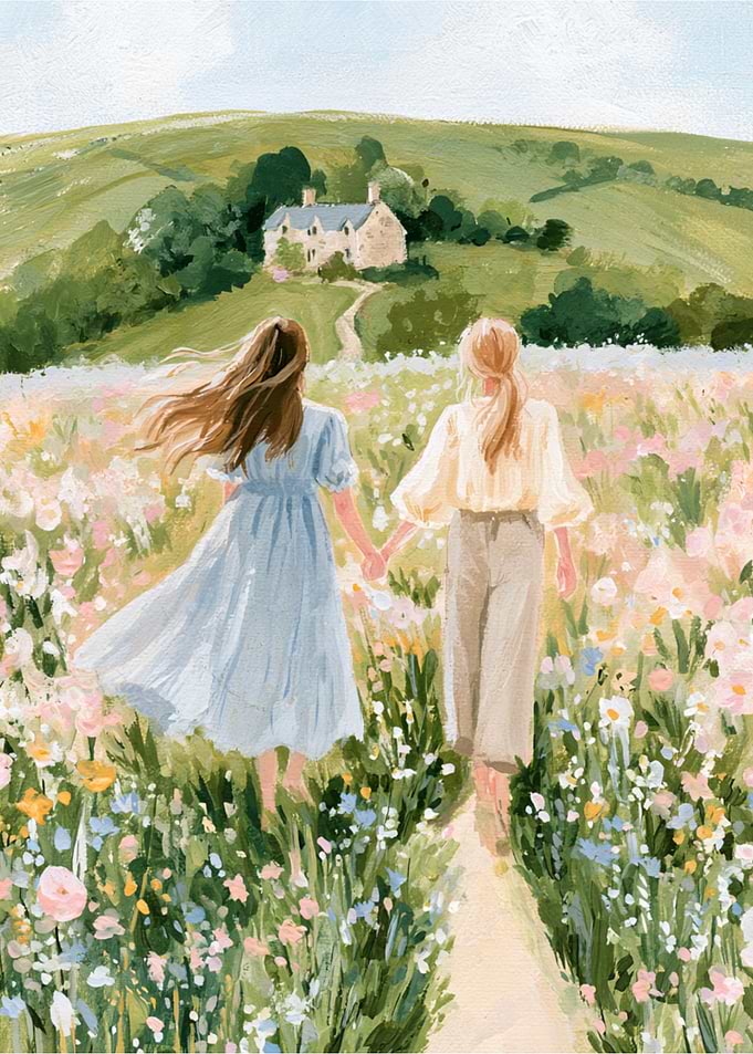 Two Friends Walking Through Wildflower Meadow