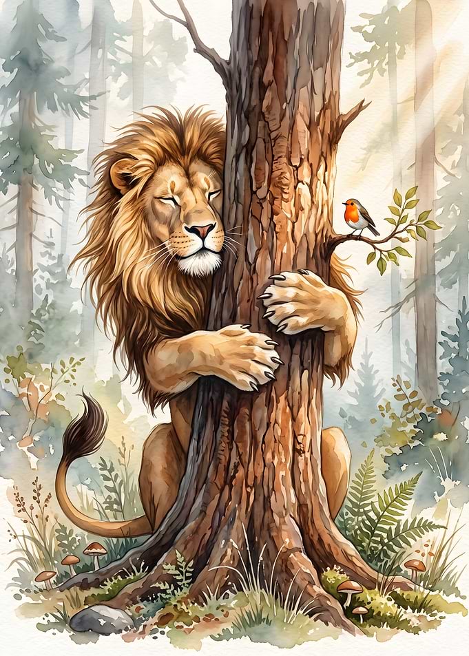 Lion Hugging a Tree in Forest
