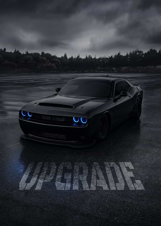 Black Dodge Challenger with Blue Lights