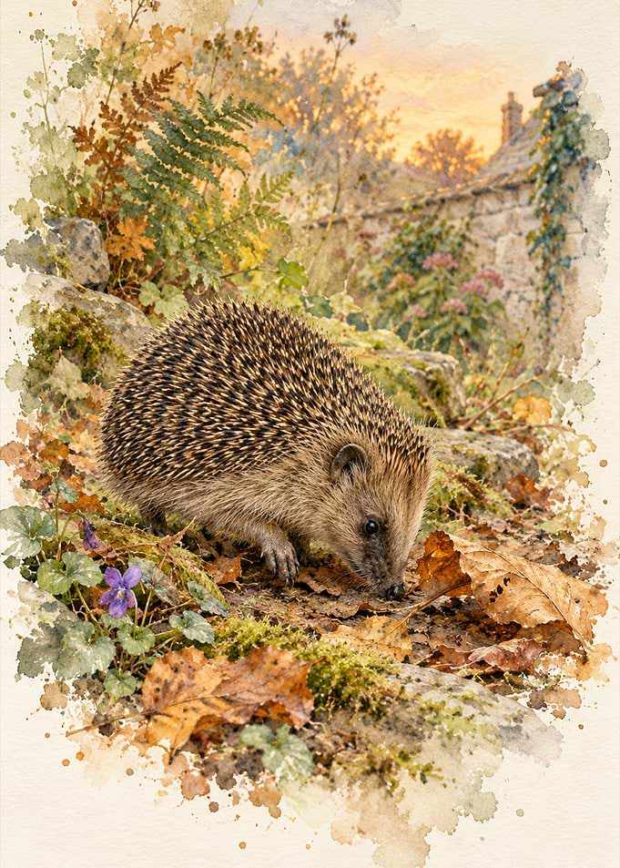 Watercolor Hedgehog in Autumn Garden