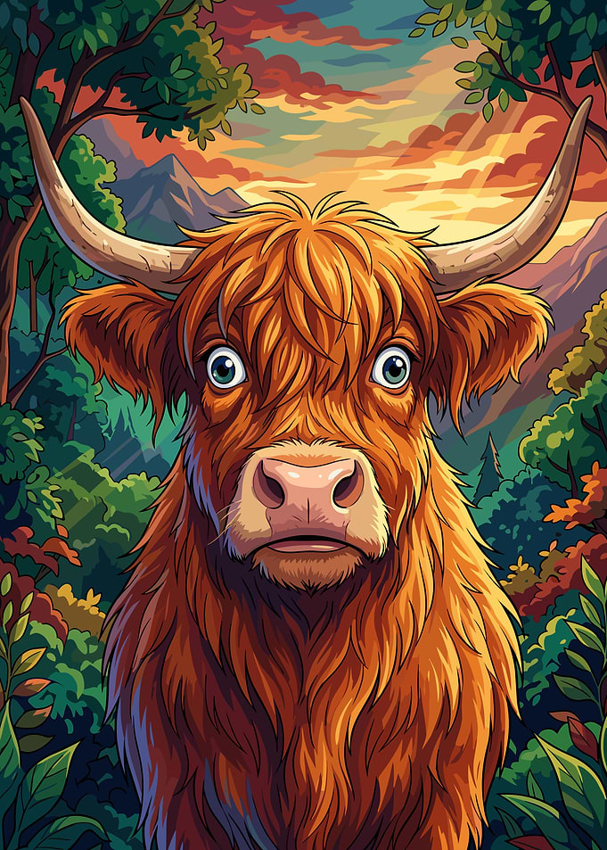 Highland Cow in Vibrant Forest