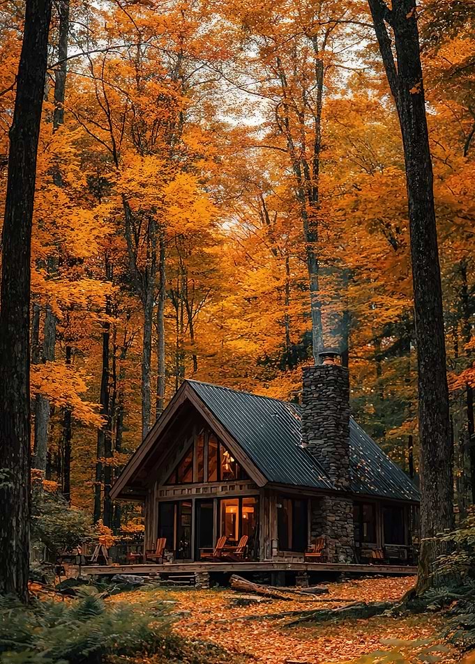 Cozy Cabin in Autumn Forest