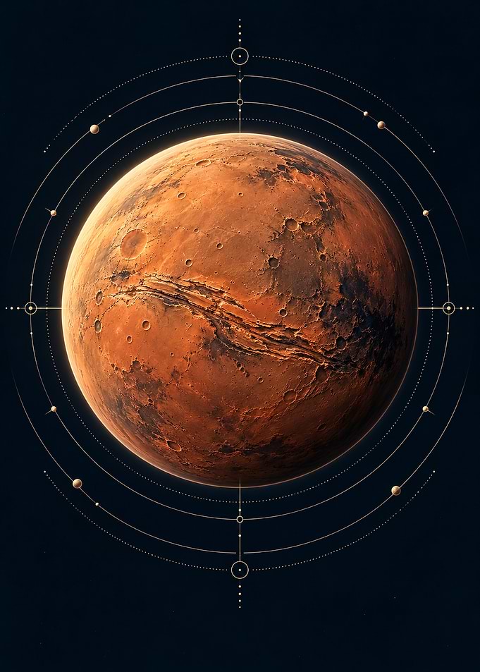 Mars Planet with Celestial Navigation Lines