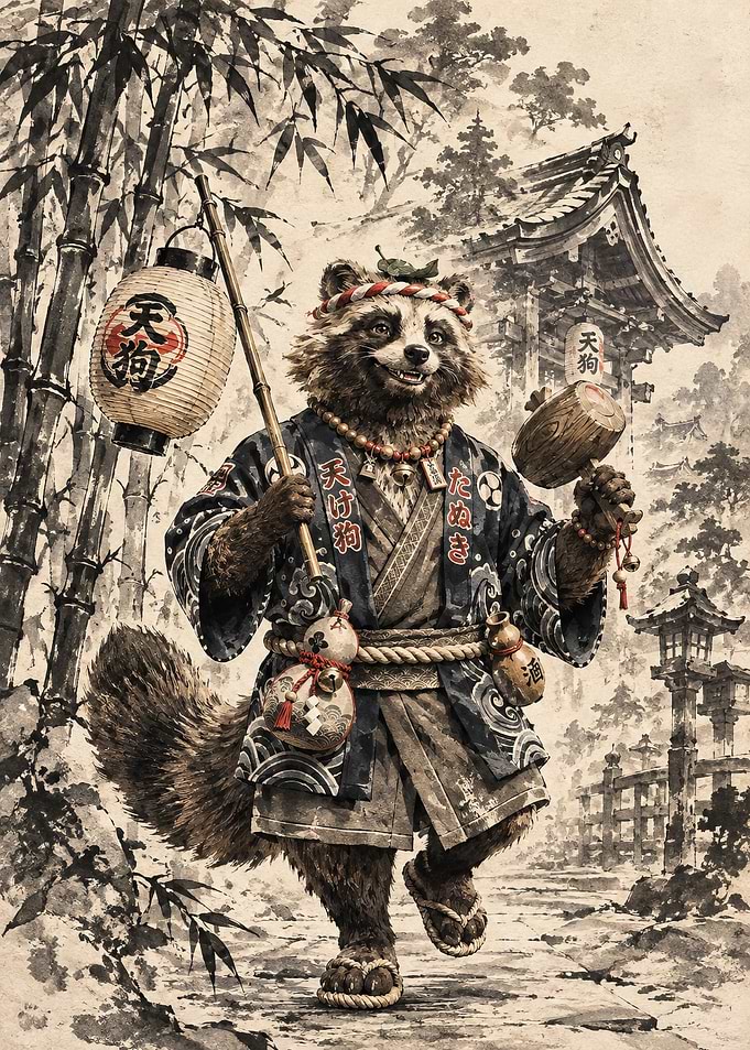 Anthropomorphic Tanuki in Traditional Japanese Attire