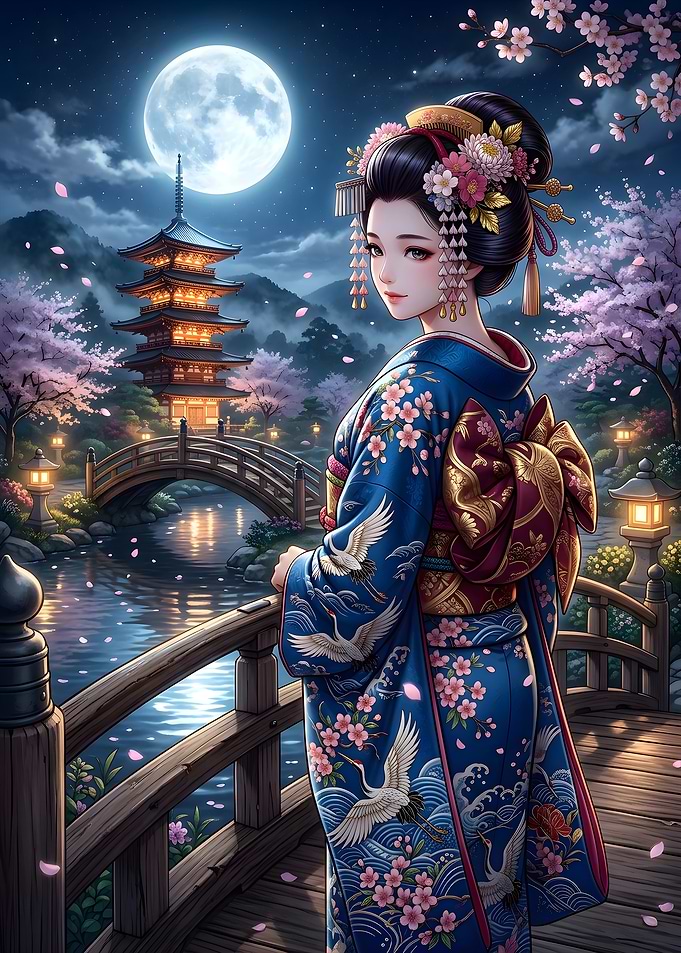 Geisha Standing on Bridge Under Moon