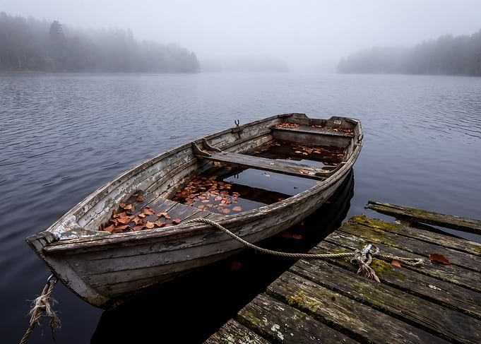 Old Wooden Boat on Misty Lake
