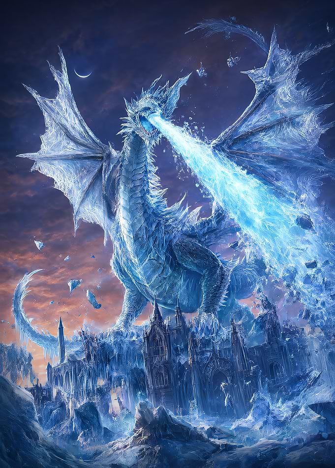Ice Dragon Attacking Frozen Castle