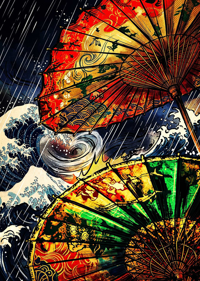 Traditional Japanese Umbrellas and Great Wave