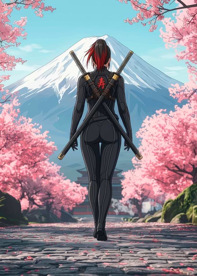 Female Ninja Walking Toward Mount Fuji