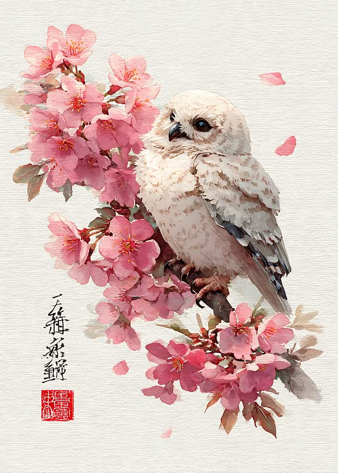 Cute Owl Perched on Cherry Blossoms