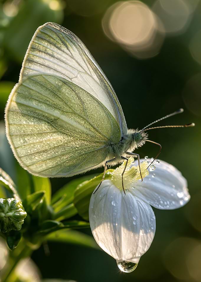 White Butterfly on Dewy Flower