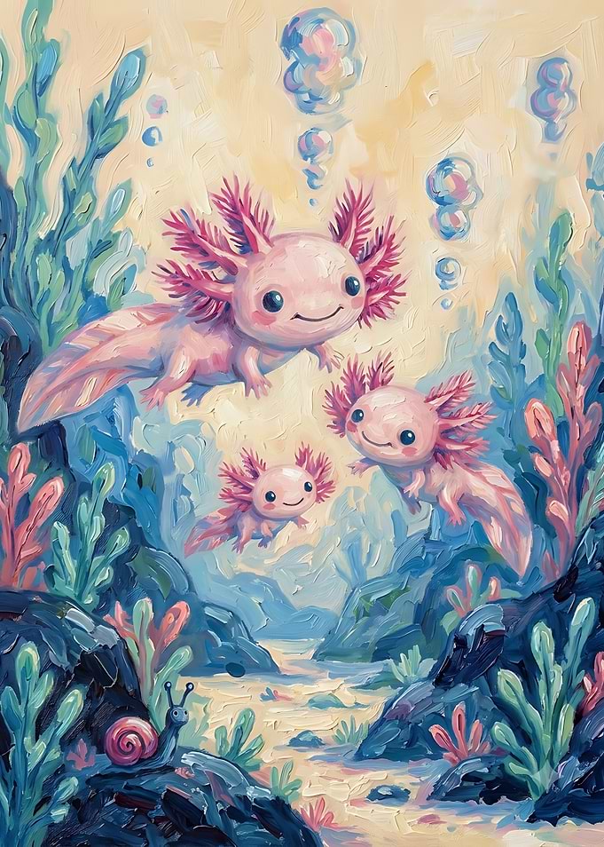 Three Cute Axolotls Underwater Painting