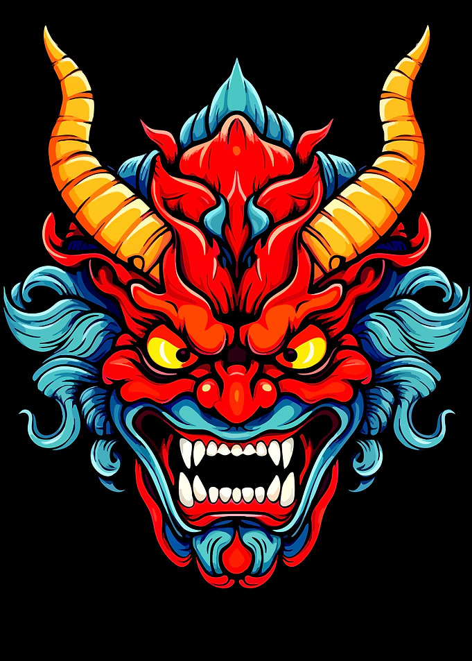Vibrant Japanese Oni Demon Mask Illustration