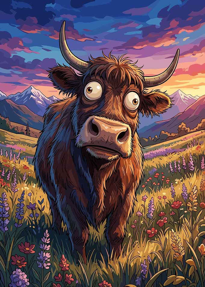 Funny Highland Cow in Wildflower Meadow