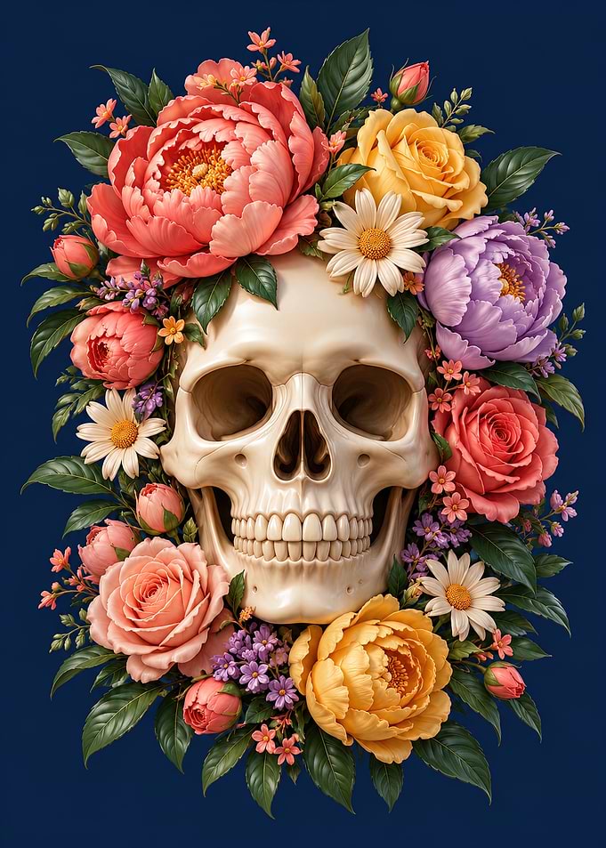 Skull Surrounded by Vibrant Floral Arrangement