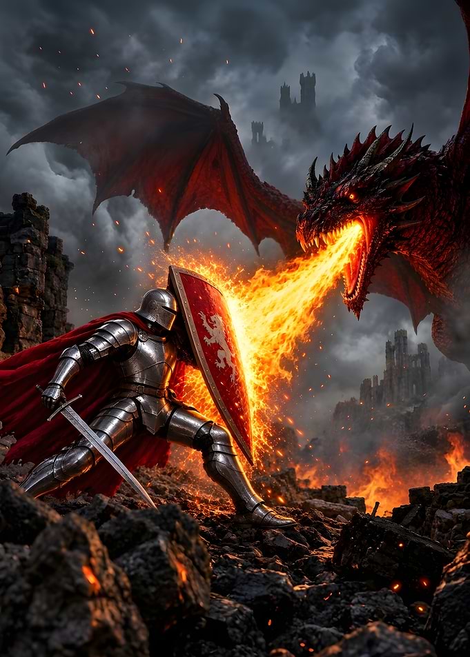 Knight Defending Against Fire Breathing Dragon