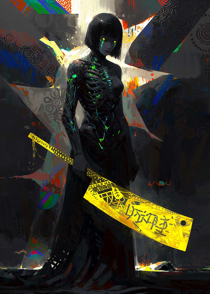 Cybernetic Warrior Woman with Glowing Blade