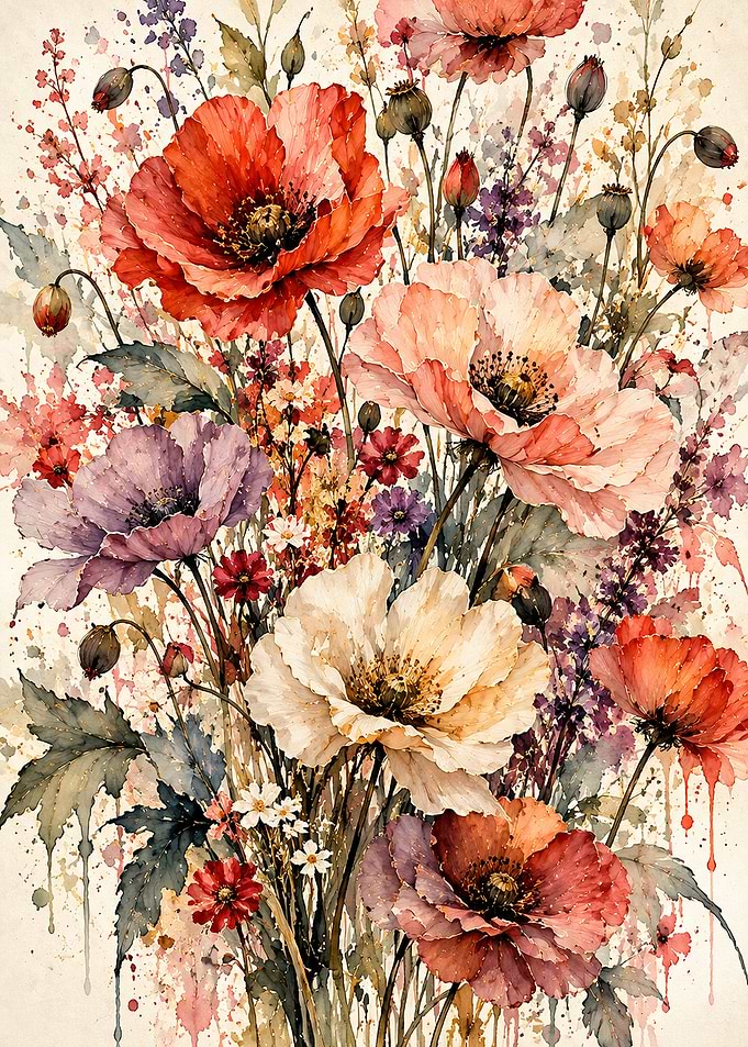 Watercolor Poppy and Wildflower Bouquet