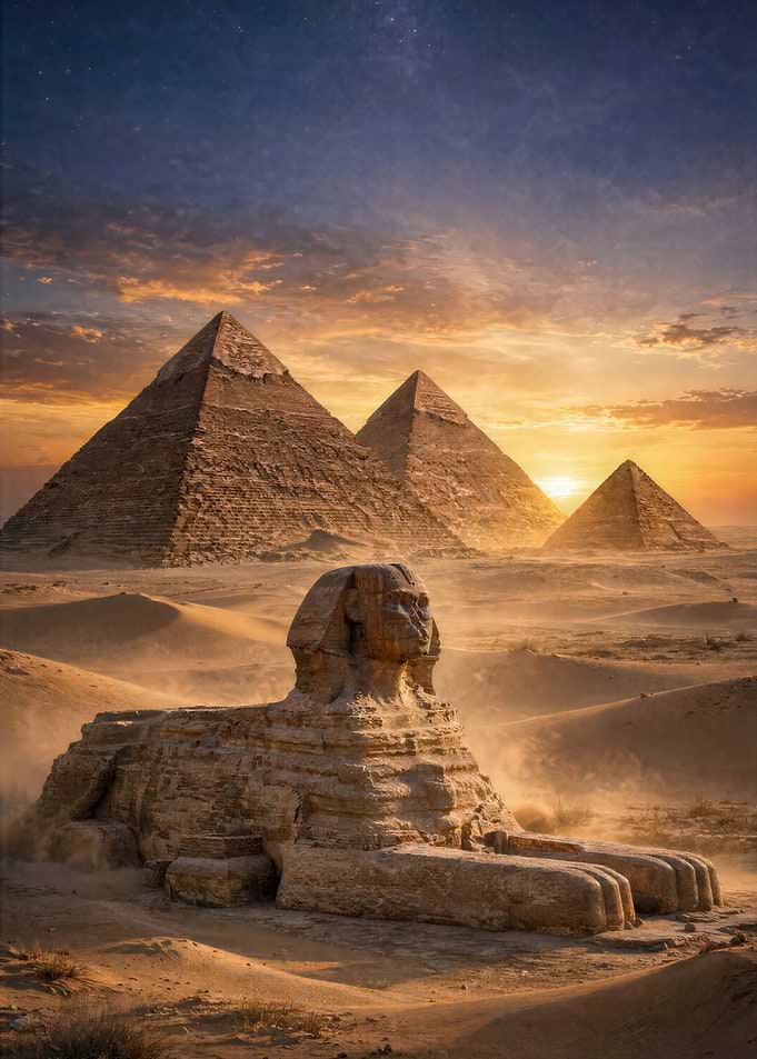 Great Sphinx and Pyramids at Sunset