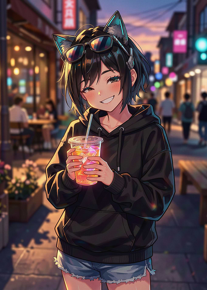 Anime Girl with Cat Ears and Drink