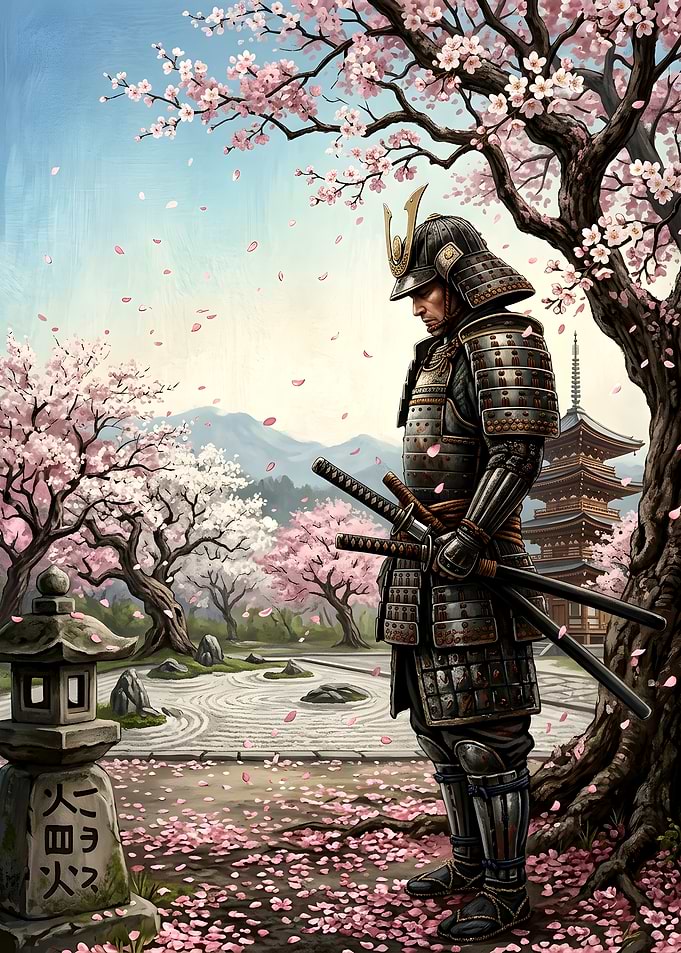 Samurai Standing Under Cherry Blossoms