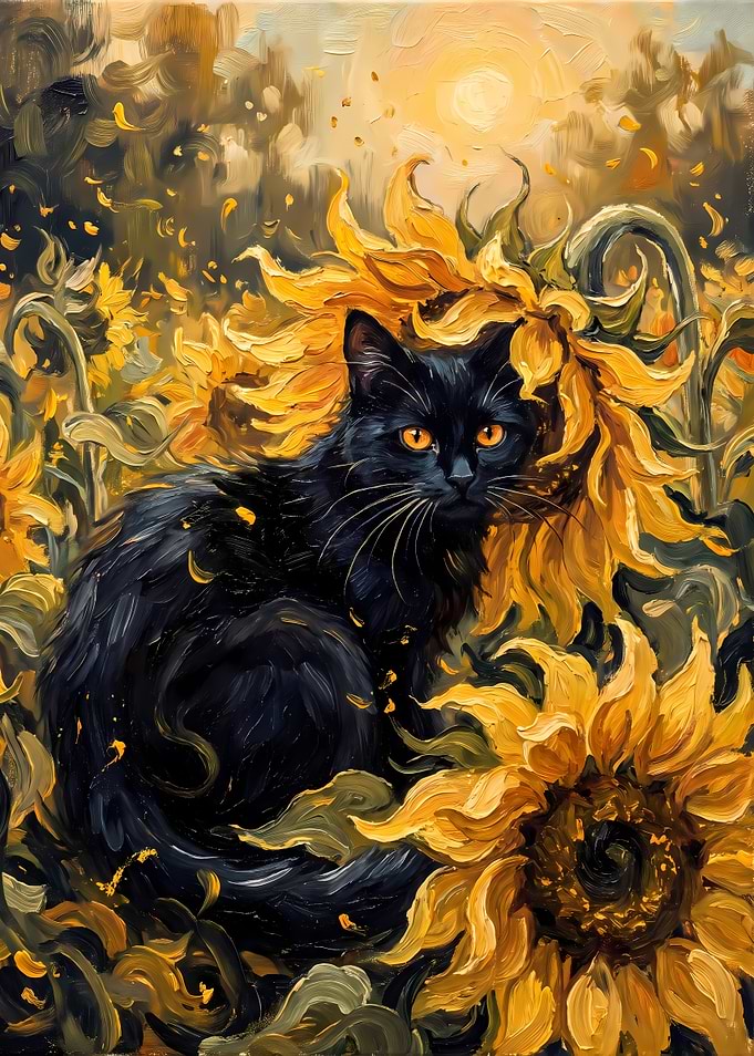 Black Cat in Sunflower Field
