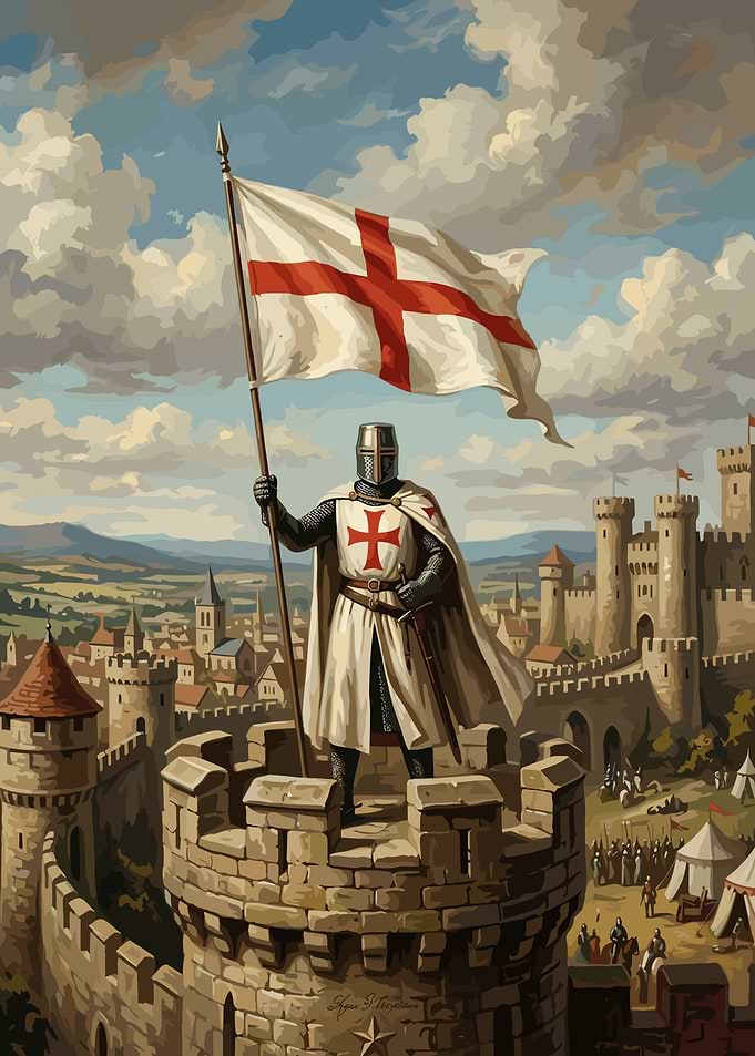 Crusader Knight Standing on Castle Tower
