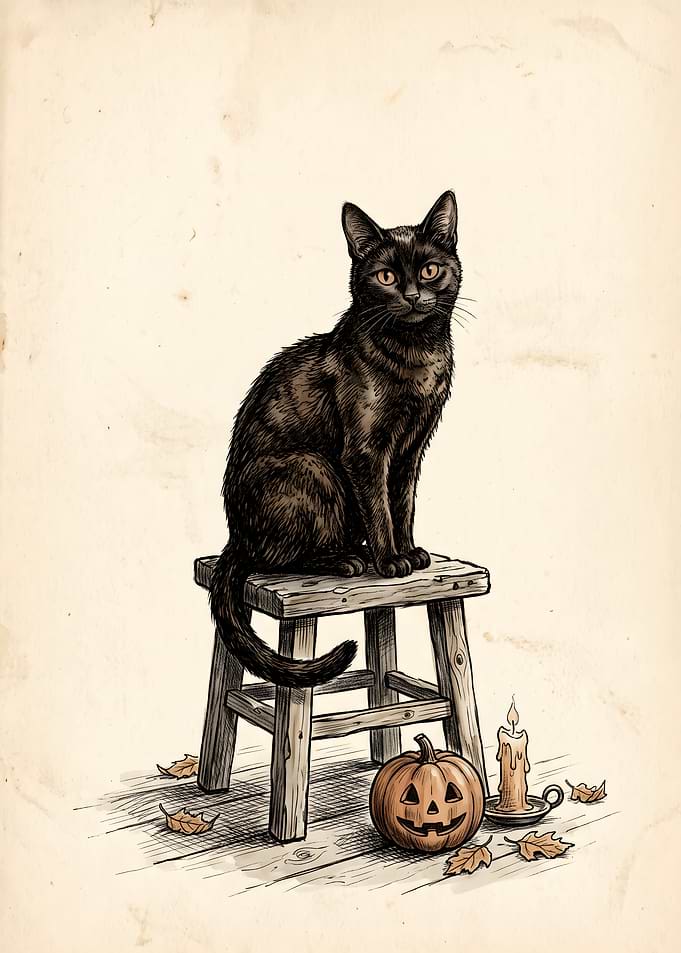 Vintage Halloween Black Cat Illustration