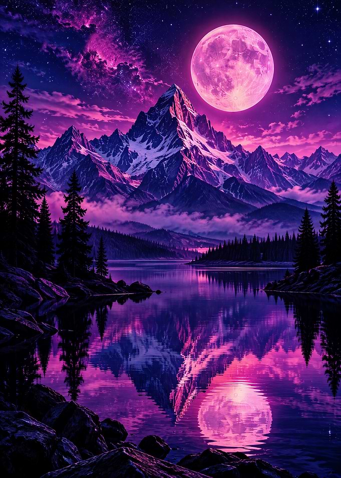 Neon Mountain Landscape Under Full Moon