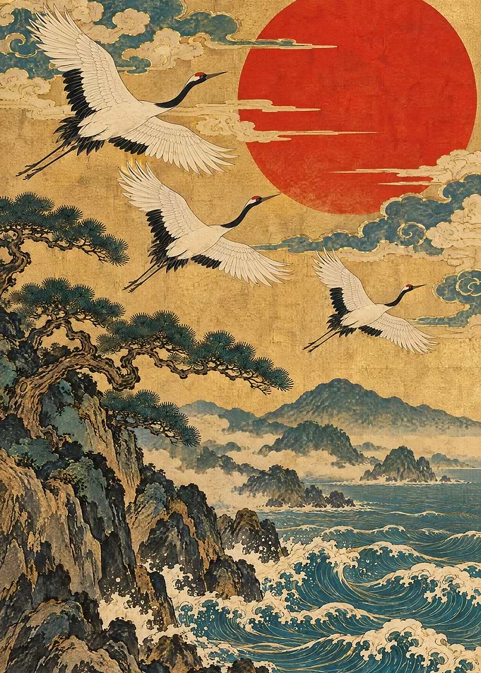 Japanese Cranes Over Golden Sea