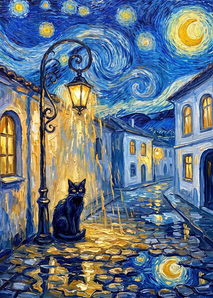 Black Cat Under Starry Streetlight