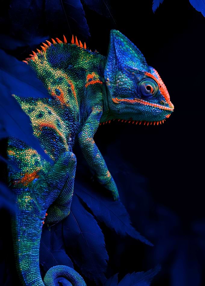 Neon Fluorescent Chameleon in Dark Foliage