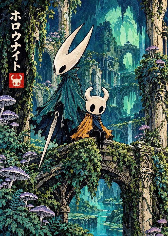 Hollow Knight Characters in Ruined Landscape