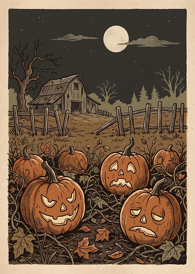 Spooky Halloween Pumpkin Patch Illustration