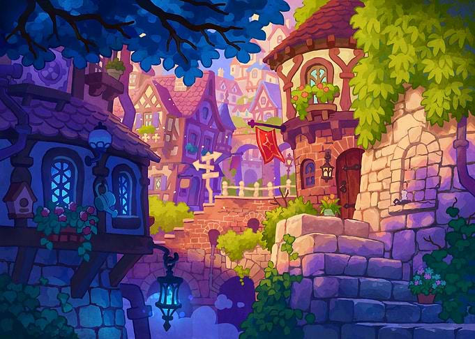 Whimsical Fantasy Village Street Scene
