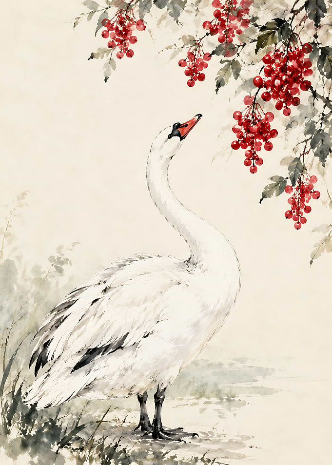 Elegant Swan and Red Berries Painting