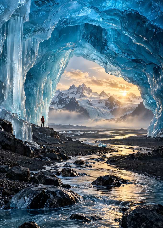 Explorer in a Majestic Ice Cave