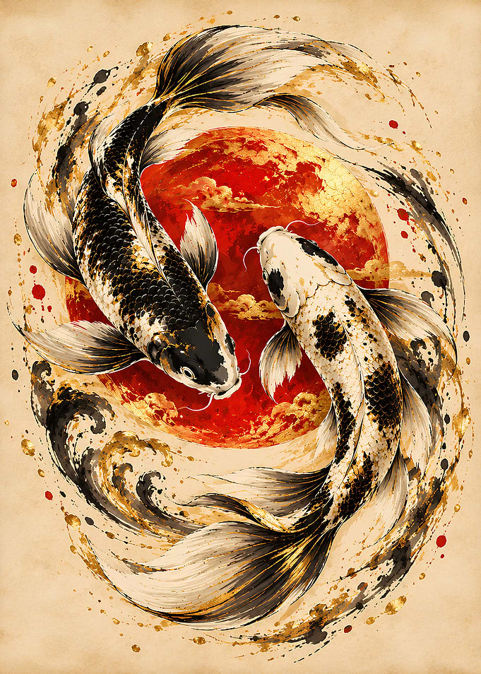Koi Fish Yin Yang Red Sun